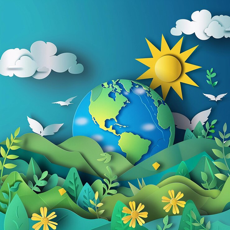 Scena in carta vettoriale per la Giornata Mondiale dell'Ozono che mostra la natura, la terra e i simboli ambientali 32 proporzioni