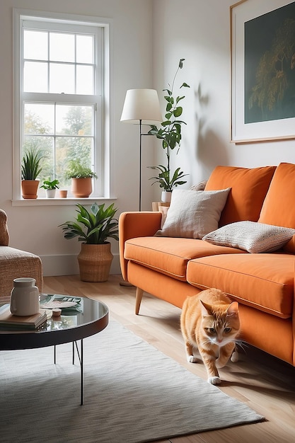 Scena in soggiorno con un gatto arancione che cammina sul divano