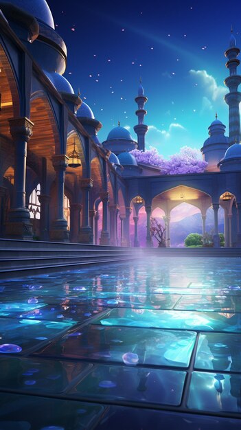 scena in stile anime di una moschea con una piscina e una fontana generativa ai