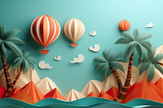 Scena in stile paper art con palloncini ad aria calda che galleggiano su montagne stilizzate e palme sotto un cielo azzurro Umore di vacanza Generativa AI