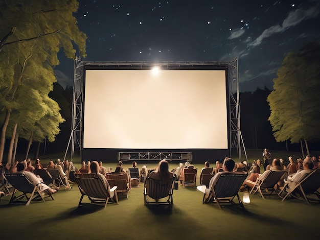 Scena in un cinema all'aperto con una maglietta a schermo bianco gigante