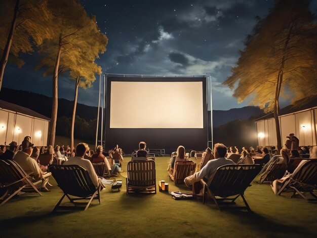 Scena in un cinema all'aperto con una maglietta a schermo bianco gigante