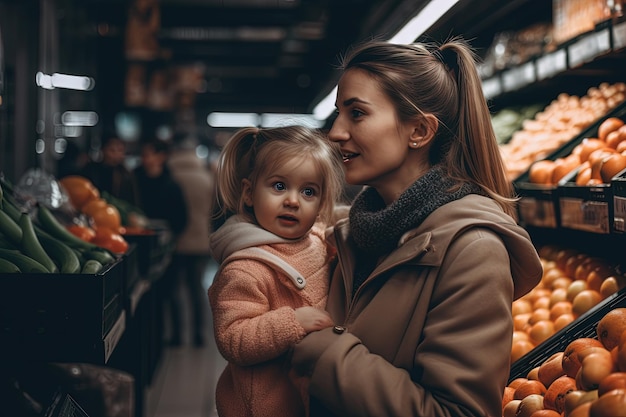 Scena in un negozio di alimentari con una madre e un bambino che raccolgono cibo nel supermercato locale