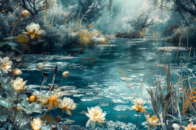 Scena incantata della foresta con fiume nebbioso e fiori gialli in fiore in un paesaggio da favola