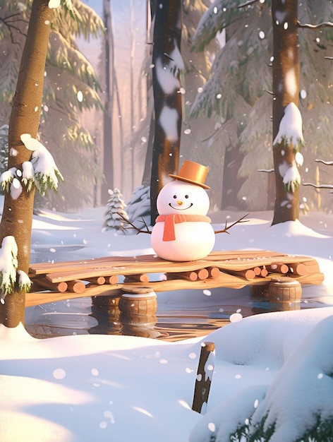 scena innevata con un pupazzo di neve seduto su un ponte di legno generativo ai