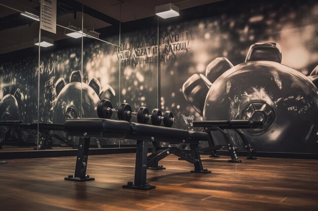 Scena intensa in palestra con bilanciere sudato motivato da atleti di IA generativa