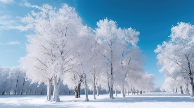 Scena invernale con neve sul terreno e alberi coperti di neve