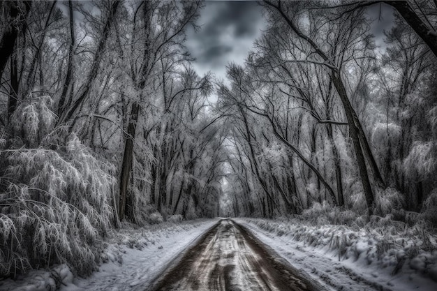 Scena invernale con una strada innevata in bianco e nero IA generativa