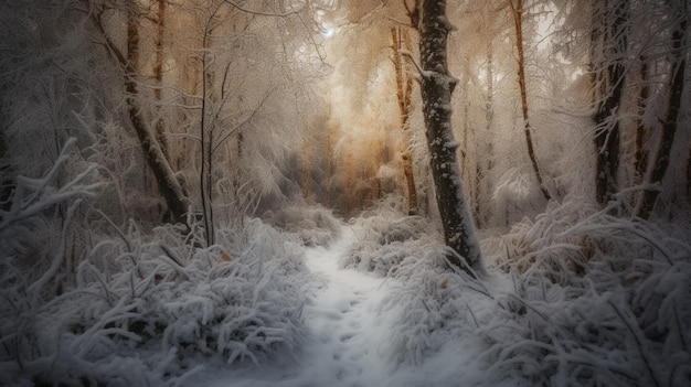 Scena invernale nella foresta con neve sul terreno e alberi