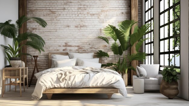 scena invitante di un interno di camera da letto eclettico con piante tropicali pareti di mattoni bianchi e un caldo pavimento in legno perfetto per mostrare la vita moderna con un tocco di verde