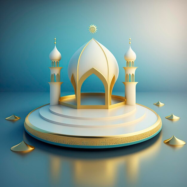 Scena islamica del Ramadan con palcoscenico e podio realistici della moschea 3d dorata per la presentazione del prodotto