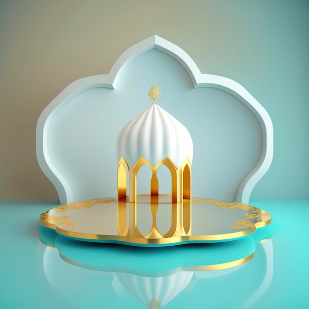 Scena islamica del Ramadan con palcoscenico e podio realistici della moschea 3d dorata per la presentazione del prodotto