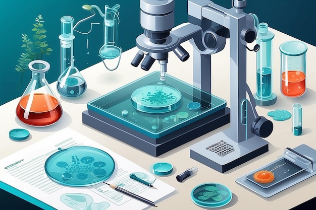 Scena isometrica microscopica del mondo per l'apprendimento della biologia