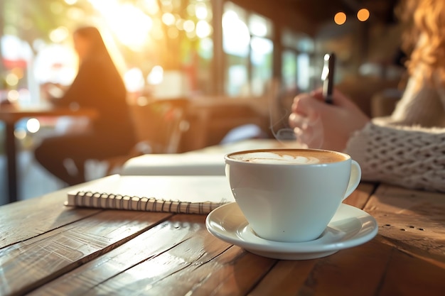 Scena mattutina di una tazza di caffè su un tavolo di legno con la mano di una donna che scrive su un quaderno in bac Generative AI