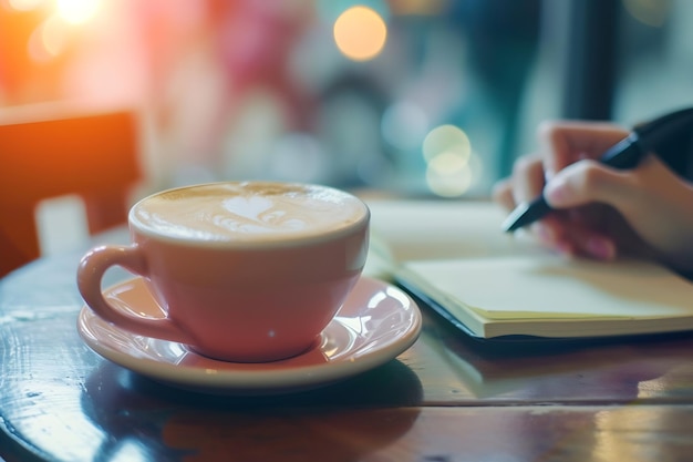 Scena mattutina di una tazza di caffè su un tavolo di legno con la mano di una donna che scrive su un quaderno in bac Generative AI