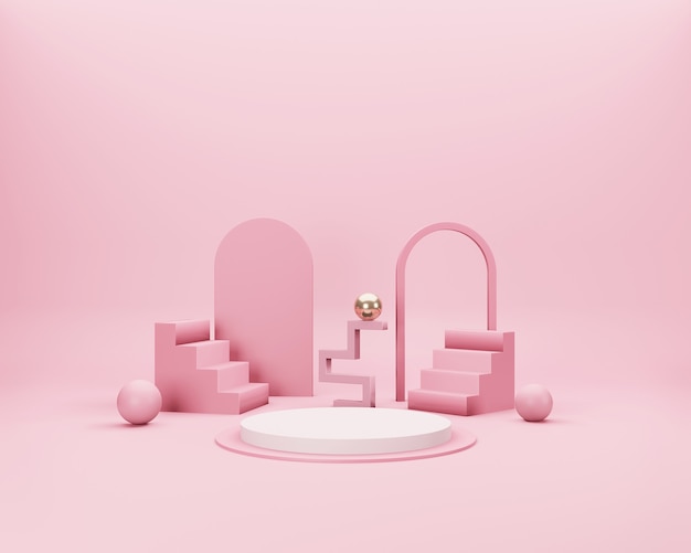 Scena minima 3D astratta con forme geometriche rosa, bianche e oro su sfondo rosa