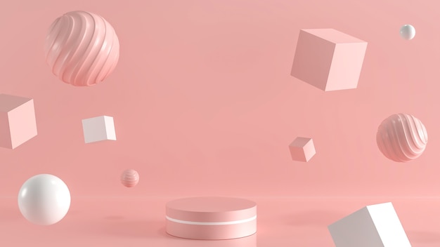 Scena minima del podio vuoto con forme geometriche per prodotto con sfondo rosa pastello