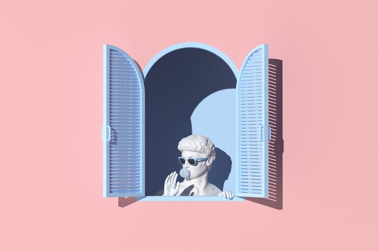 Scena minima della scultura umana nella finestra blu sullo sfondo della parete rosa, concetto minimo, rendering 3d.