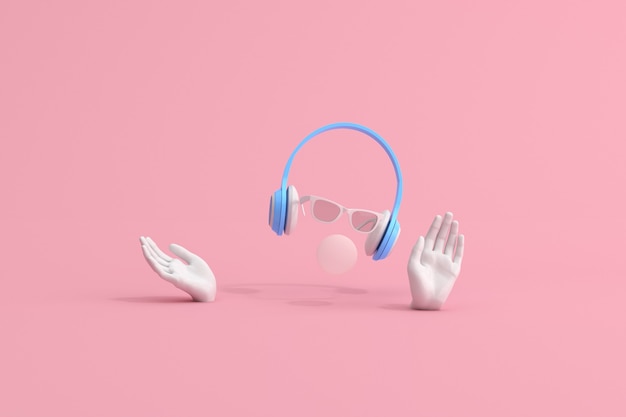 Scena minima di occhiali da sole e cuffie sulla scultura della mano umana, concetto musicale, rendering 3d.