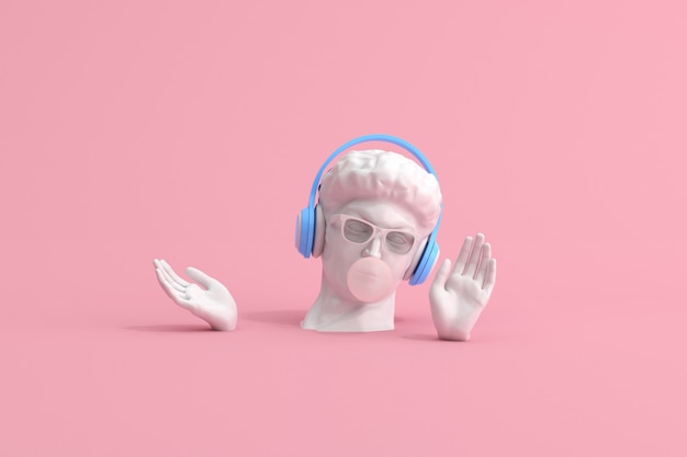 Scena minima di occhiali da sole e cuffie sulla scultura della testa umana, concetto musicale, rendering 3d.