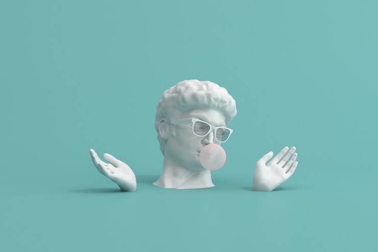 Foto scena minima di occhiali da sole sulla scultura della testa umana con gomma da masticare rosa su sfondo verde, rendering 3d.