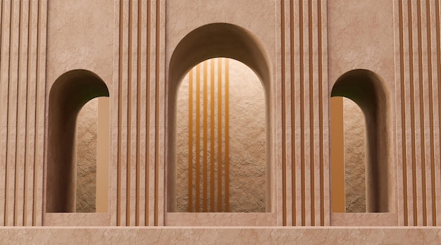 Scena minima per la presentazione dell'esposizione del prodotto espositore in cemento parete concava con rendering 3D della porta ad arco