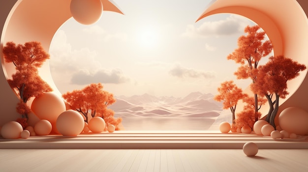 Scena minimalista con palloncini e dune di sabbia Prodotto girato in colori arancione chiaro e bianco AI