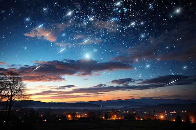 Scena mozzafiato di una pioggia di meteoriti che illumina il cielo notturno