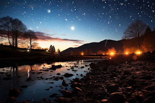 Scena mozzafiato di una pioggia di meteoriti che illumina il cielo notturno