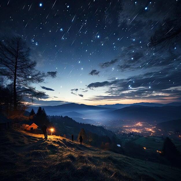 Scena mozzafiato di una pioggia di meteoriti che illumina il cielo notturno