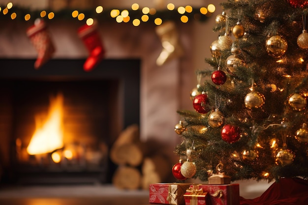 Scena natalizia accanto al caminetto con illuminazione bokeh sfondo sfocato delle vacanze Atmosfera domestica festosa