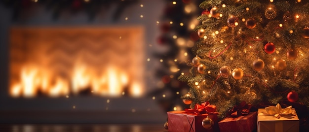 Scena natalizia accanto al caminetto con illuminazione bokeh sfondo sfocato delle vacanze Atmosfera domestica festosa