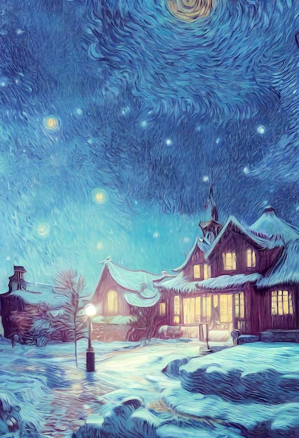 Scena natalizia all'aperto con cielo notturno magico Illustrazione di una casa di Natale con paesaggio invernale innevato