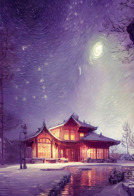 Scena natalizia all'aperto con cielo notturno magico Illustrazione di una casa di Natale con paesaggio invernale innevato