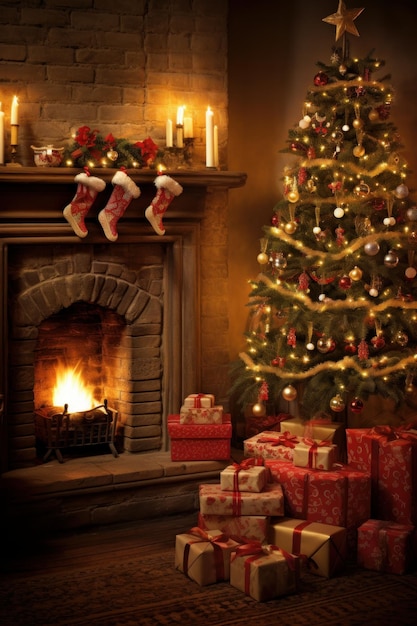 scena natalizia casalinga con un albero decorato e regali illuminati dal soffice bagliore di un camino AI generato illustrazione