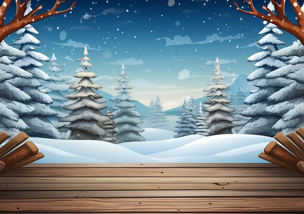 Scena natalizia con sfondo di legno innevato in inverno
