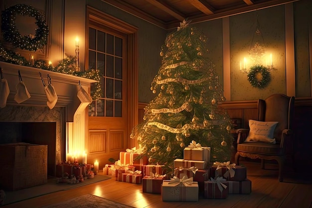 Scena natalizia in casa con decorazioni per l'albero di natale luci e regali creati con intelligenza artificiale generativa