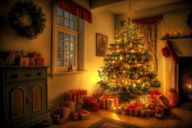 Scena natalizia in casa con decorazioni per l'albero di natale luci e regali creati con intelligenza artificiale generativa