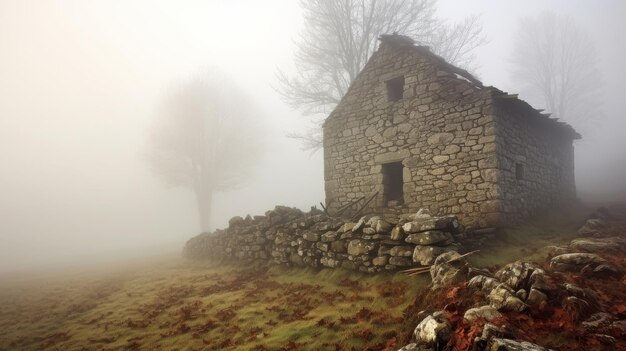 Scena nebbiosa del cottage di pietra