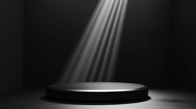 Scena nera astratta con un podio rotondo in fascio luminoso con modello di punto luminoso per la presentazione