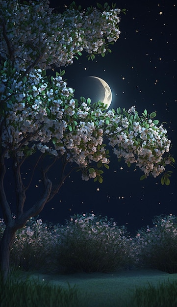 Scena notturna con la luna e le stelle nel cielo un albero generativo ai