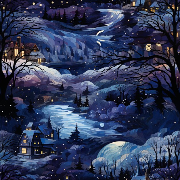 scena notturna con un fiume e un villaggio nella neve ai generativa
