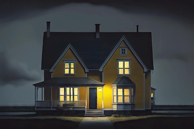 Scena notturna dell'esterno di una casa classica con finestre gialle e tetto nero
