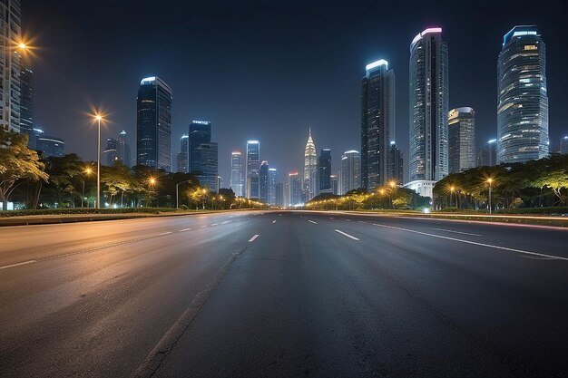 Scena notturna dello skyline urbano di Bangkok con pavimento di asfalto vuoto sul fronte