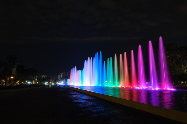 Scena notturna di cascate nelle piscine del circuito acquatico magico nel parco ricreativo di Lima famoso per i colori colorati delle sue acque