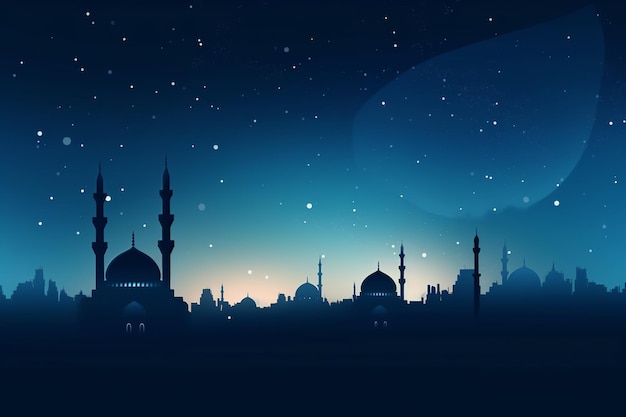 Scena notturna di Eid e Ramadan con una moschea e la luna sullo sfondo IA generativa