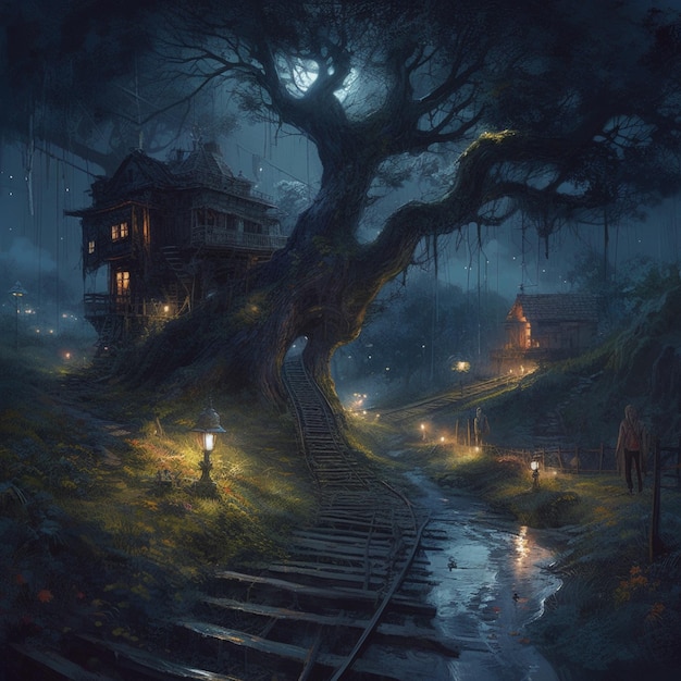 scena notturna di un binario ferroviario che porta a una casa sull'albero ai generativa