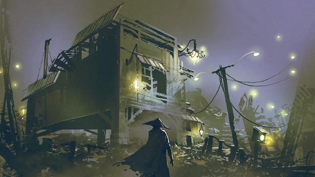 scena notturna di un uomo che guarda la vecchia casa con spazzatura tutt'intorno, stile arte digitale, pittura illustrativa