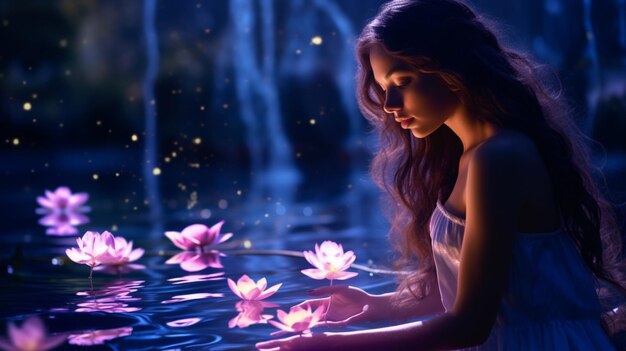Scena notturna di una bella ragazza con fiori di loto in fiore, immagine al chiaro di luna, arte generata dall'AI