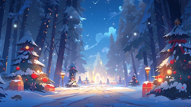 Scena notturna innevata con alberi di Natale e regali in primo piano